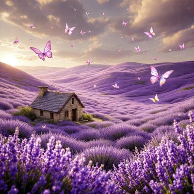 The primary subject of the image is a small purple house situated in a field of lavender flowers. The setting is a picturesque landscape with a mountain range in the background. The visual style of the image is a combination of photo and digital art, creating a surreal and dreamy atmosphere. The dominant colors are purple and lavender, which contribute to the overall mood of the scene.